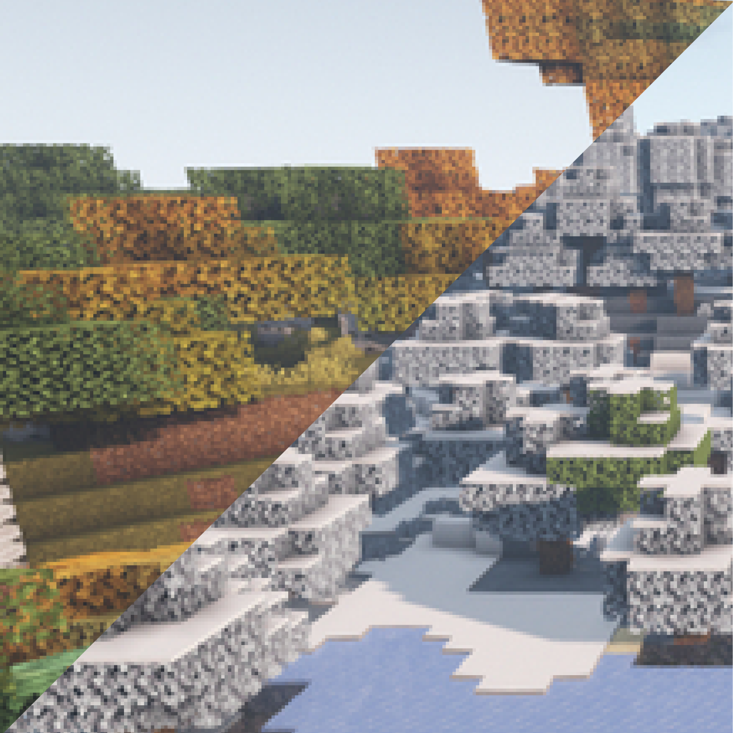 An image of trees in Minecraft, split in half. On the left the trees are green and orange, on the right they're white and snowy.